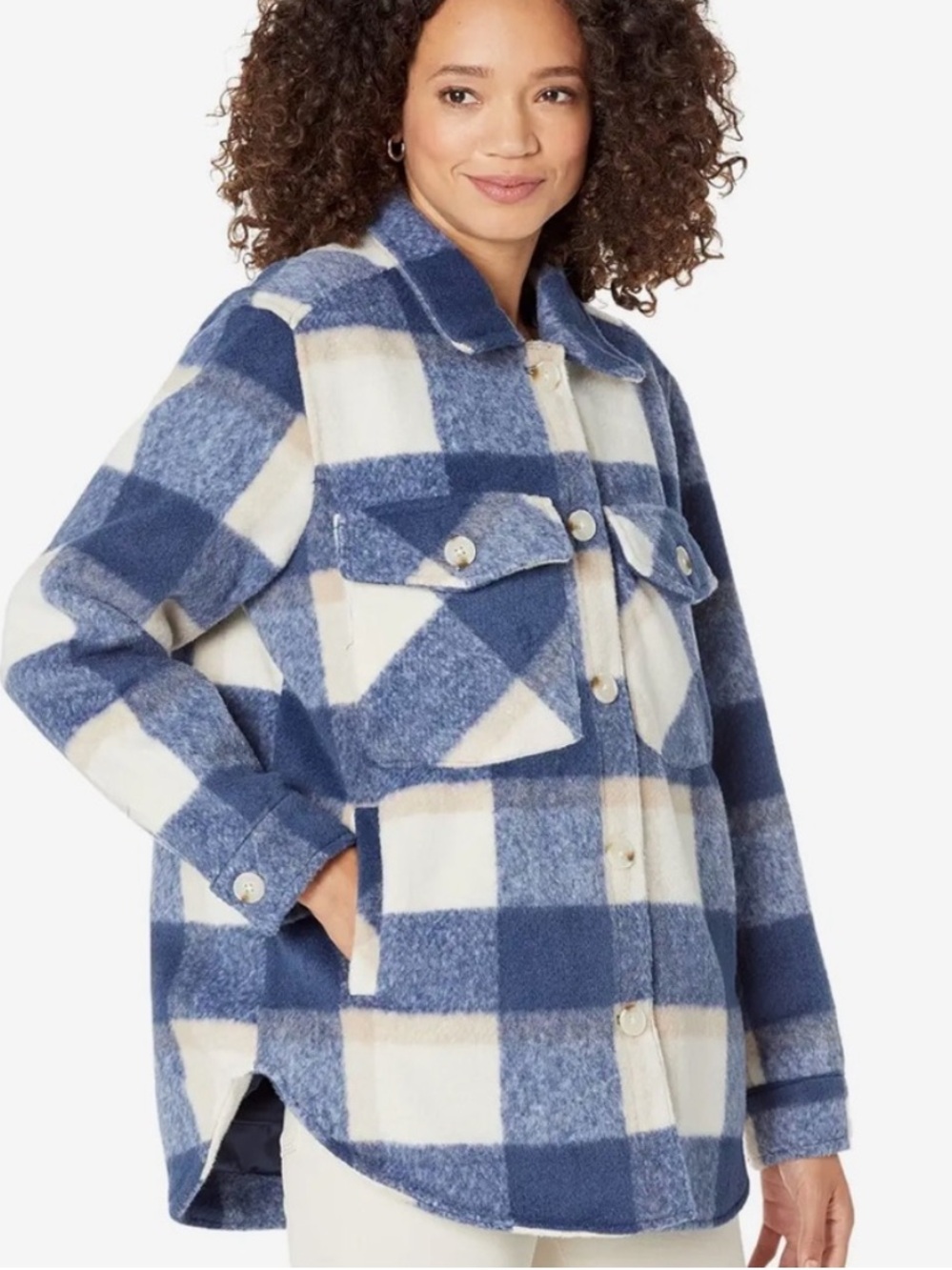 BlankNYC Blue & Cream Plaid Shacket Jacket - Women -L
